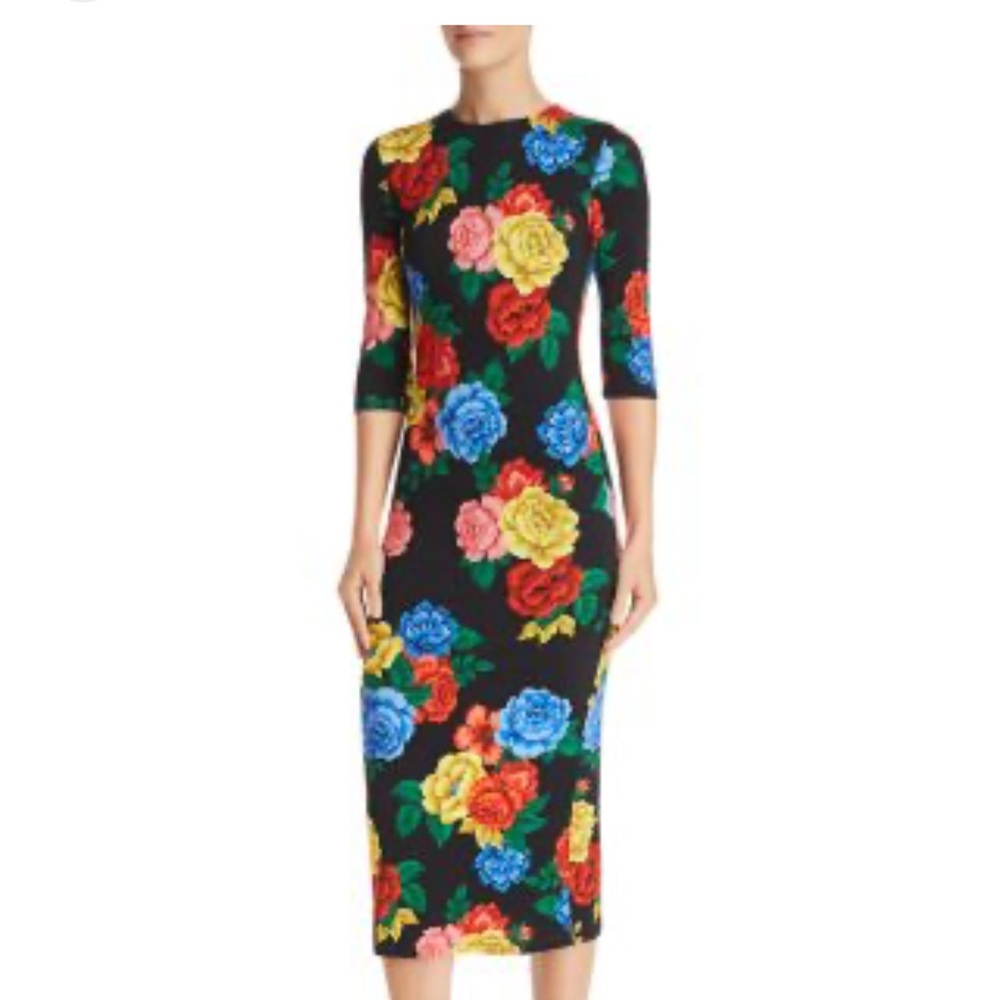 Alice + Olivia Black Midi Dress with Multicolor Floral Print